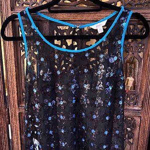 CANDIE’S BLACK AND BLUE SHEER FLORAL PRINT SEQUIN TANK TOP XS